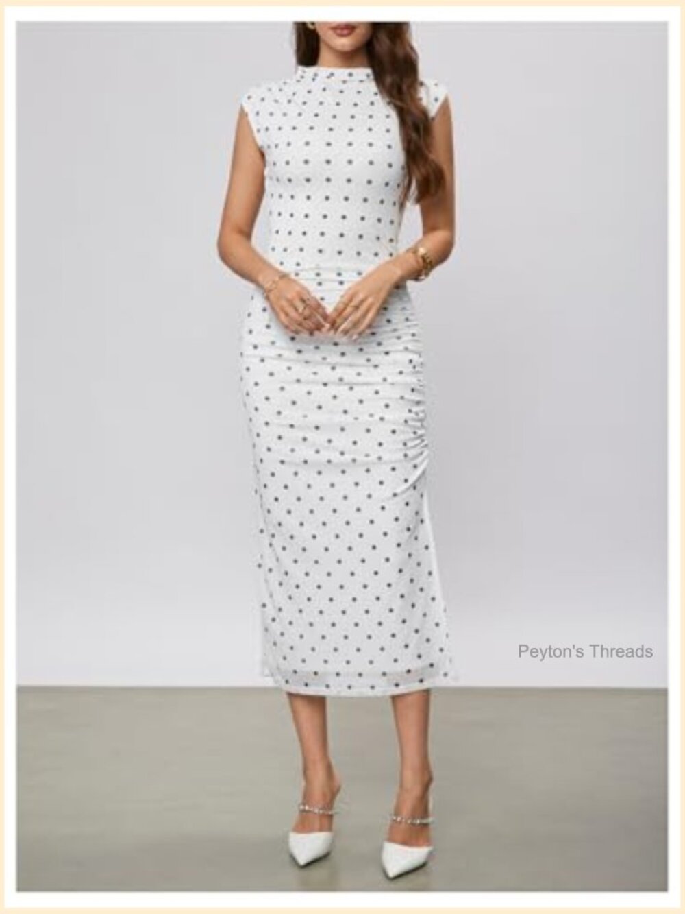 Polka Dots Sleeveless Ruched Bodycon Midi Dress Mock Neck Slit Thigh - Picture 3 of 5